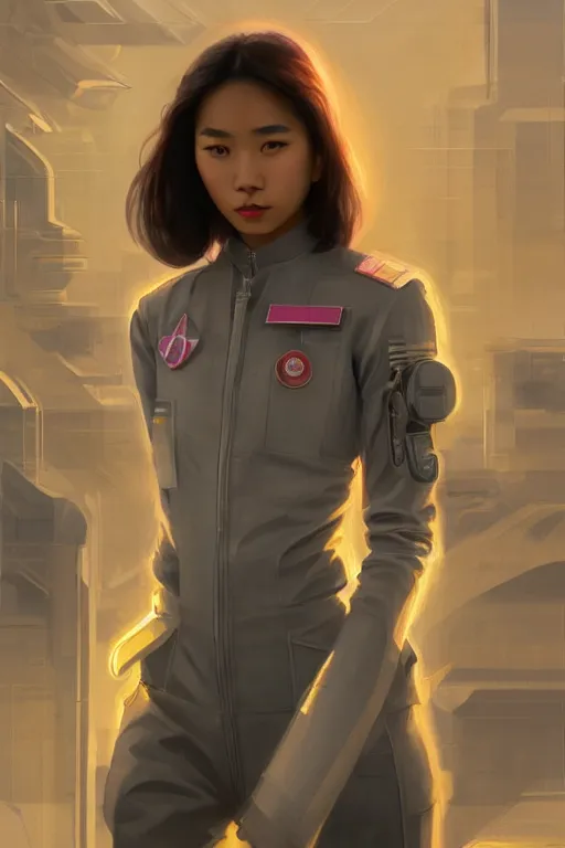 Image similar to portrait futuristic asian airforce girl, looking at the camera, expressive pose, symmetrical face, in future airport rooftop , sci-fi, fantasy, intricate, very very beautiful, elegant, human anatomy, neon light, highly detailed, digital painting, artstation, concept art, smooth, sharp focus, illustration, art by tian zi and WLOP and alphonse mucha