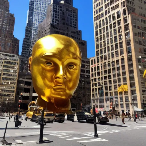 Prompt: huge golden burger statue in new york, photo