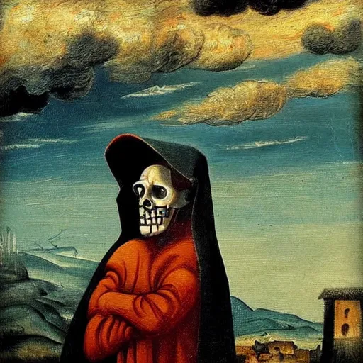 Image similar to grim reaper full figure under the stormy sky medieval art oil painting