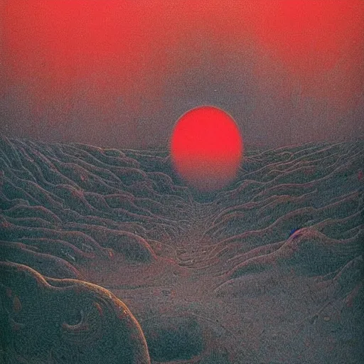 Prompt: only red colour, alien landscape filled with lithups, filigree ornaments, volumetric lights, beksinski