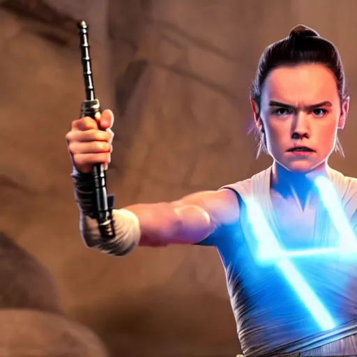 Prompt: high resolution photo of daisy ridley as rey as an action figure on a glass table.
