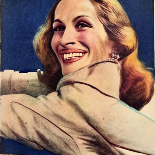 Image similar to “Julia Roberts portrait, color vintage magazine illustration 1950”