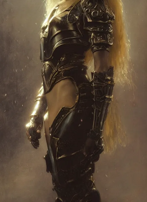 Image similar to smiling young blonde woman wearing a simple black armour, by gaston bussiere, bayard wu, greg rutkowski, giger, maxim verehin, greg rutkowski, masterpiece, sharp focus, cinematic lightning