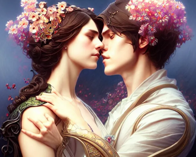 Prompt: Heterosexual couple in love, art nouveau, fantasy, intricate flower designs, elegant, highly detailed, sharp focus, art by Artgerm and Greg Rutkowski and WLOP