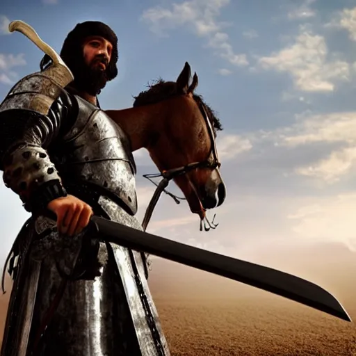Prompt: middle eastern warrior on his horse the guy is holding a strong heavy sword the weather is foggy and the ground is muddy the horse have a heavy armour on his body photo - realistic unreal engine 5
