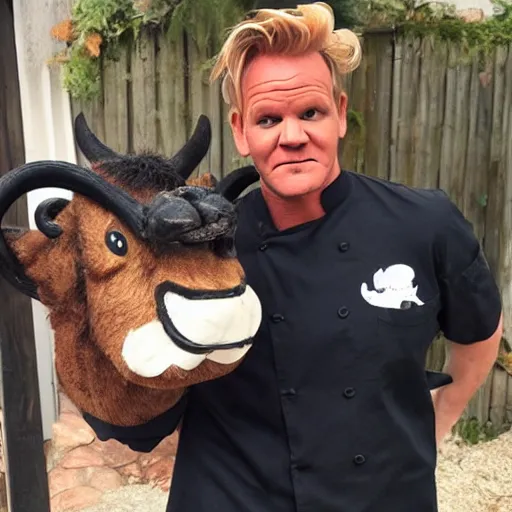 Image similar to a ram dressed up as gordon ramsay, realistic.