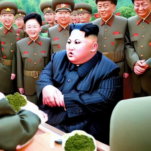 Prompt: kim jong un smoking weed in the middle of a war