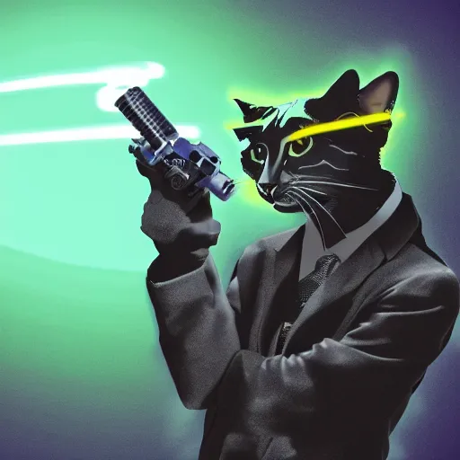 Prompt: cyberpunk cat in suit holding laser gun sketch