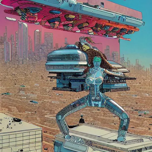 Image similar to a beautiful highly detailed futuristic mechanical lady, cyberpunk rooftop on jupiter, filled with people,, art by geof darrow,