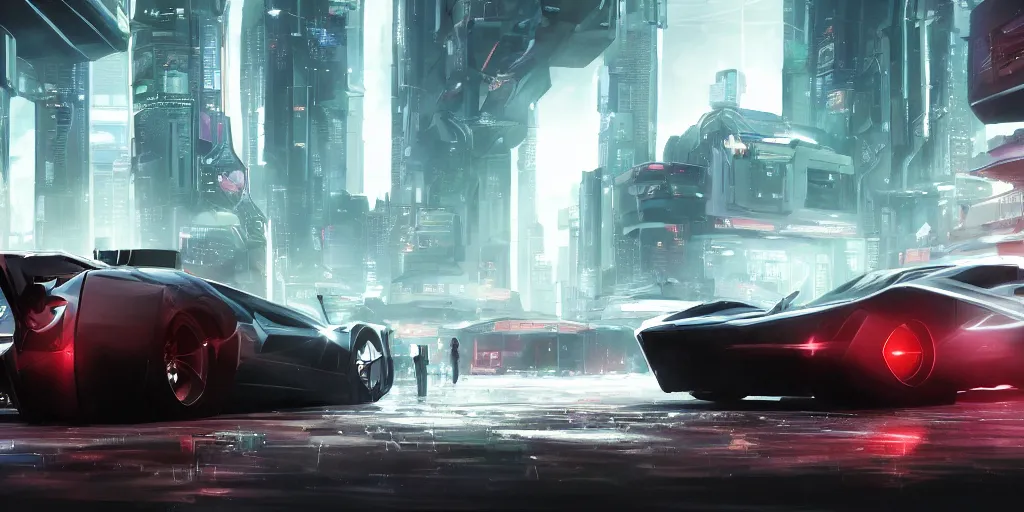 Prompt: a cinematic illustration of a futuristic cyberpunk super car