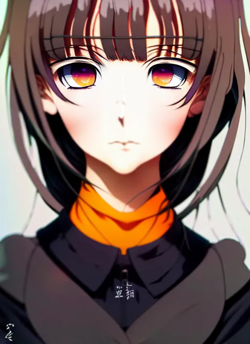 Image similar to anime portrait of a beautiful woman, yellow - orange eyes, ilya kuvshinov, black clothing, anime, pixiv top monthly, trending on artstation, cinematic, danbooru, zerochan art, kyoto animation