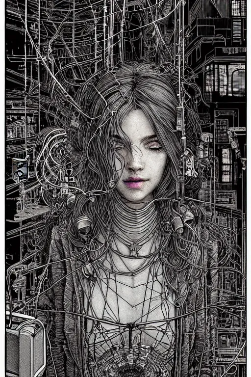 Image similar to dreamy cyberpunk girl, wires and electricity, beautiful, epic grunge, intricate complexity, by dan mumford and by alberto giacometti, arthur rackham