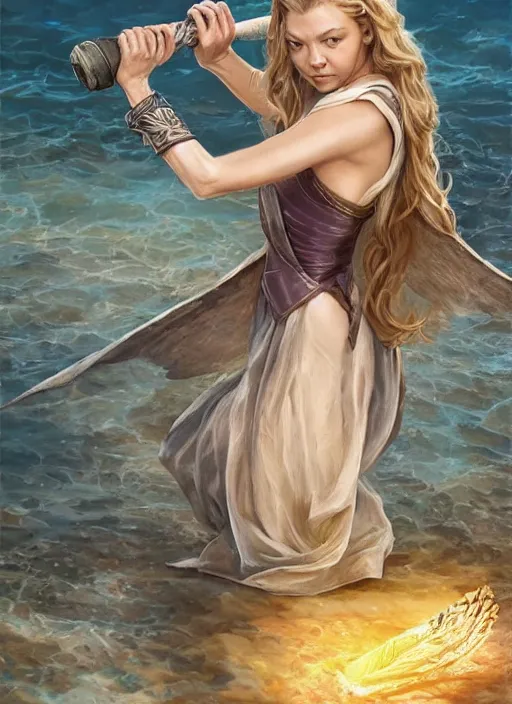 Prompt: Natalie Dormer as Margaery Tyrell as a ruggedly handsome heroine kneeling next to a glowing artifact lodged in shallow water, intricate, elegant, highly detailed, artstation, concept art, smooth, sharp focus, illustration, art by artgerm and donato giancola and Joseph Christian Leyendecker, WLOP, fireflies
