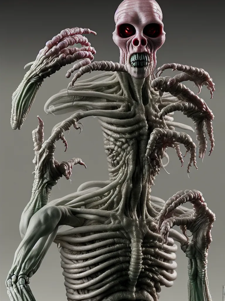 Image similar to hyperrealistic rendering, fat smooth cronenberg flesh monster transparent grey alien with skull and spine by donato giancola and greg rutkowski and wayne barlow and zdzisław beksinski, product photography, action figure, sofubi, studio lighting, colored gels, colored background