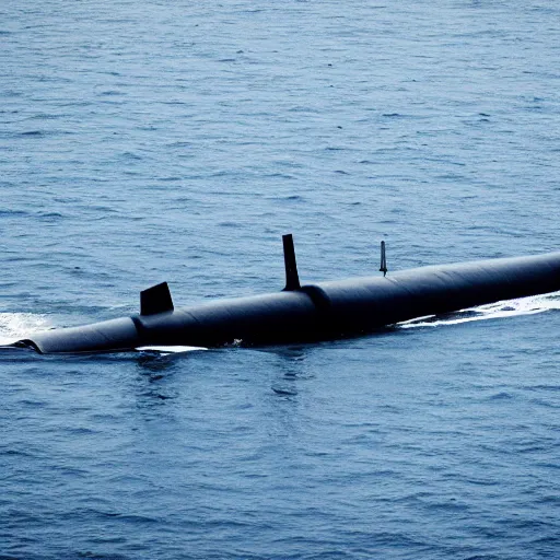 Prompt: military submarine flying above surface of an ocean