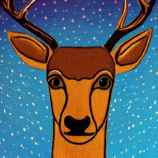 Prompt: a head of a deer with a night sky and trees