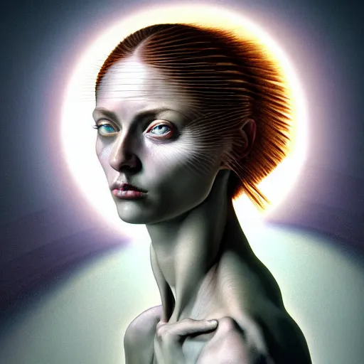 Image similar to Colour Caravaggio style Photography of Beautiful woman with highly detailed 1000 years old face wearing higly detailed sci-fi halo over her head designed by Josan Gonzalez. Many details . In style of Josan Gonzalez and Mike Winkelmann andgreg rutkowski and alphonse muchaand and Caspar David Friedrich and Stephen Hickman and James Gurney and Hiromasa Ogura. volumetric natural light