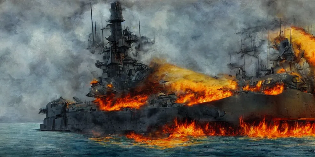Prompt: dieselpunk battleship on fire, full shot, side view, impressionist painting