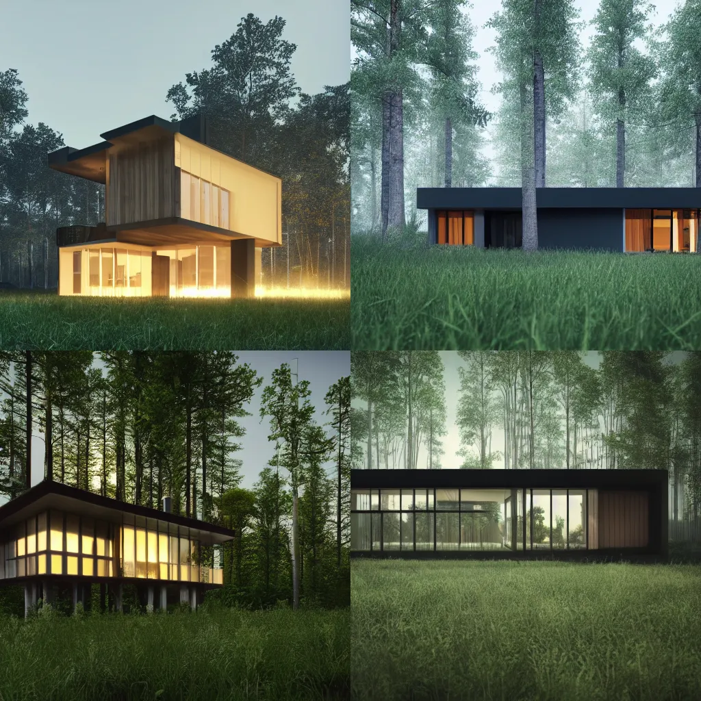 Image similar to a house in the middle of the forest, lights inside, contemporary architecture, architecture render, unreal engine, detailed