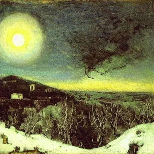 Image similar to a single vast unblinking eye looms in the sky in the depth of night, above bare trees and snow-covered countryside, cosmic horror, Arnold Böcklin