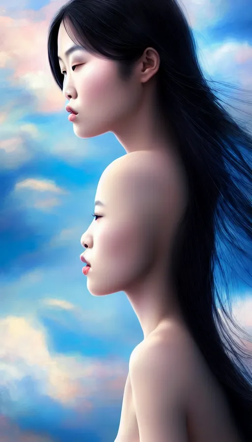 Image similar to photo of a gorgeous young asian girl , searching for eternity, head in the clouds in the style of stefan kostic, realistic, sharp focus, 8k high definition, high fashion, vogue, insanely detailed, intricate, elegant, art by stanley lau and artgerm, sigma 85mm art