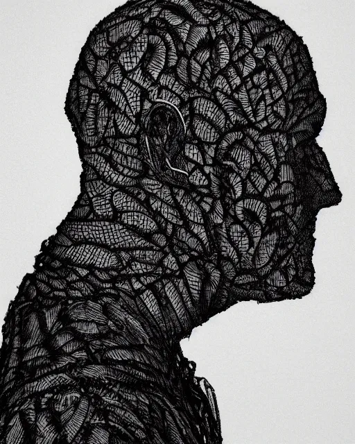 Image similar to a man's face in profile, wearing a collared shirt, made of intricate decorative lace leaf skeleton, in the style of the dutch masters and gregory crewdson, dark and moody