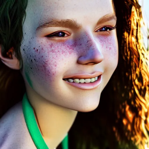 Image similar to portrait of a cute thin young woman, bronze brown hair, eye color is emerald green, red blush, cute freckles, smug smile, modern clothes, relaxing on the beach, golden hour, close up shot, 8 k, art by irakli nadar, hyperrealism, hyperdetailed, ultra realistic