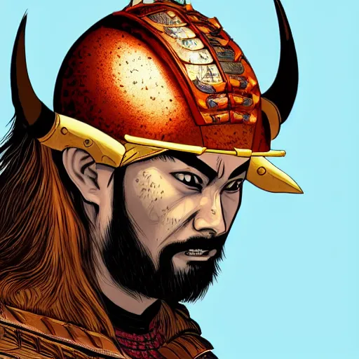 Image similar to a powerful japanese samurai wearing a viking's horned helmet, detailed face, highly detailed, face symmetry, character concept portrait by moebius and laurie greasley, colorful, profile picture, 8 k, cinematic color grading