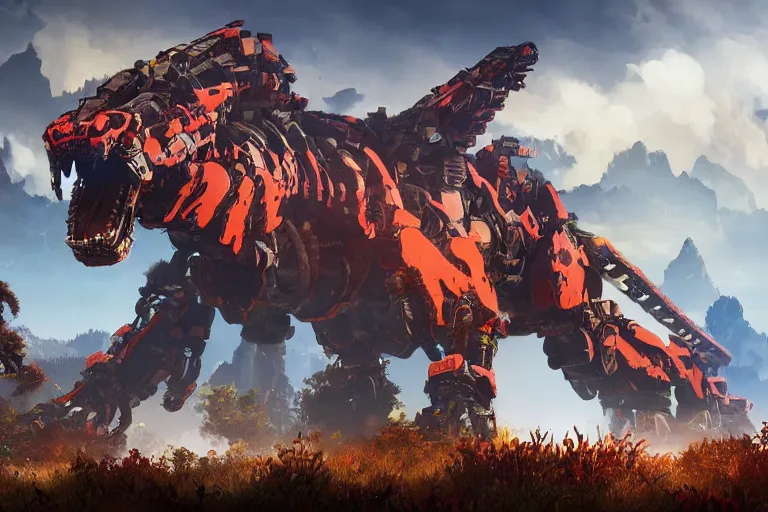 Image similar to fireclaw machine mecha animal beast robot of horizon forbidden west horizon zero dawn bioluminiscence global illumination ray tracing hdr fanart arstation by sung choi and eric pfeiffer and gabriel garza and casper konefal