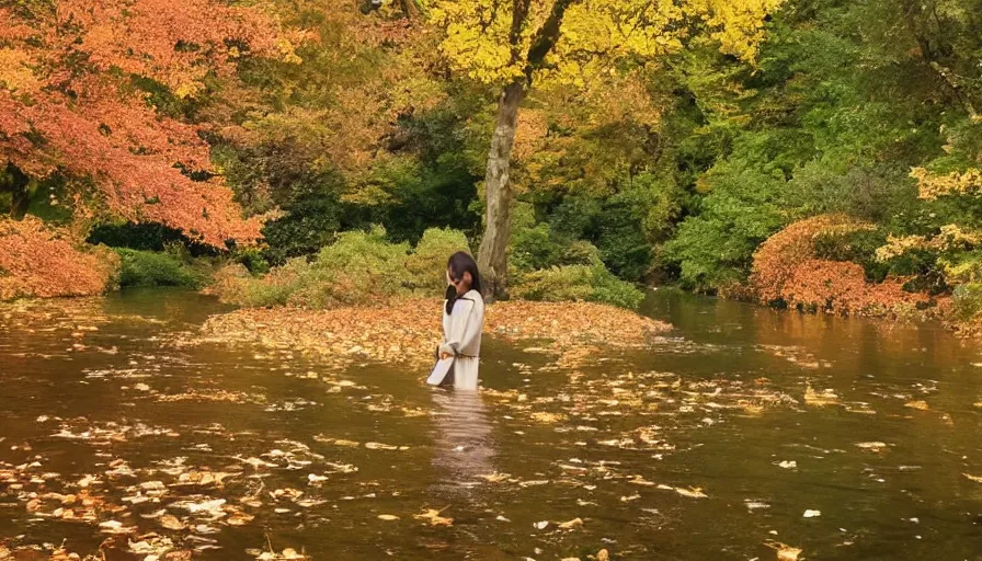 Image similar to a beautiful woman turning into a peaceful river, it's autumn and a gentle breeze is moving leaves around