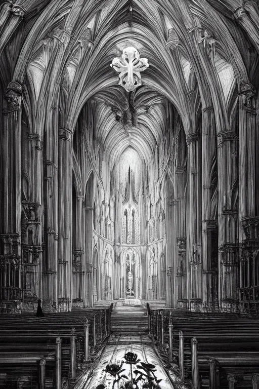 Image similar to a beautiful and terrifying painting with high details of a panoramic view of a gothic church made of white bones, with the white rose and a black - robed skeleton demon in the foreground, poster style, movie atmosphere, movie lights, 8 k, light effect, rtx on, trending on artstation, by kilian eng, lee madgwick, tyler edlin, mucha