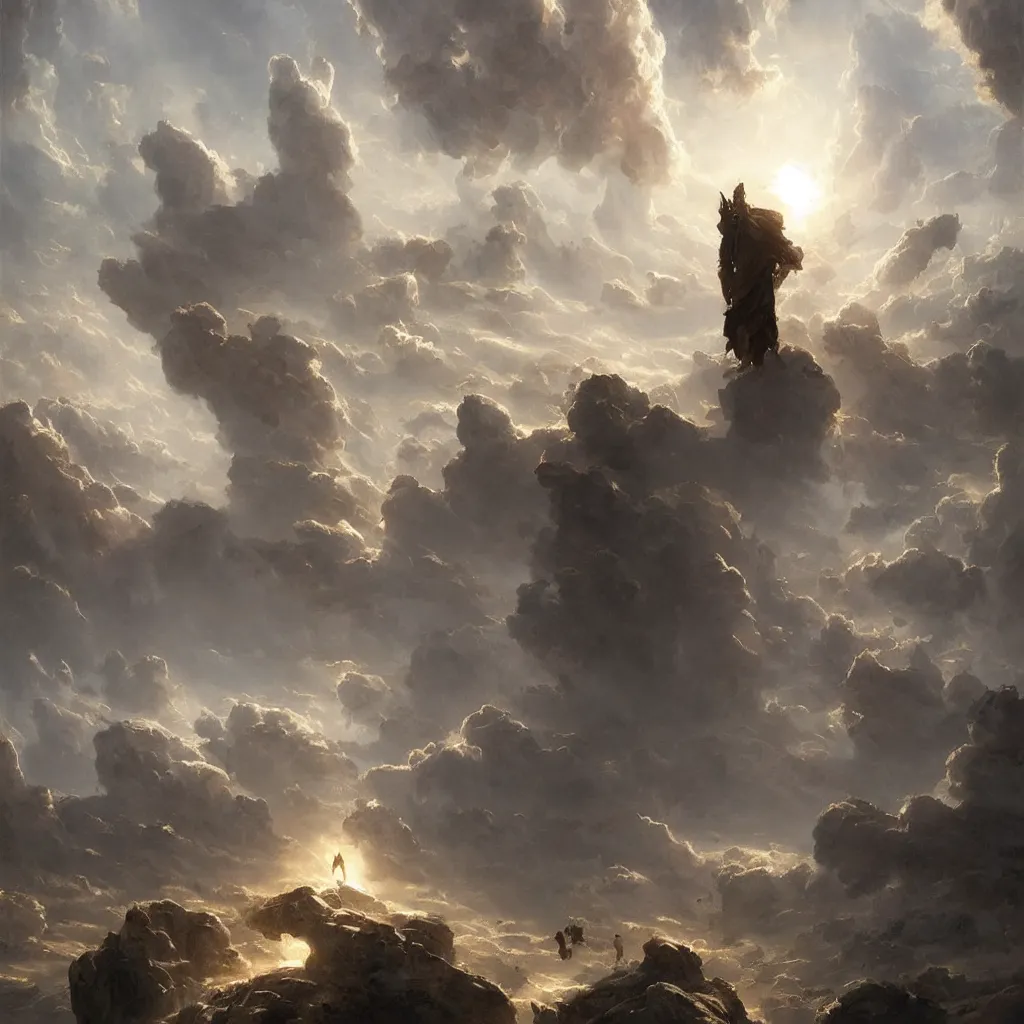 Image similar to a sending down [ of the revelation ] from him who created the earth and the lofty heavens, overdetailed art, by greg rutkowski, sharp focus, man standing