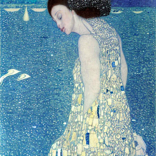 Prompt: a young thin woman with sliver long hair wearing a long white dress, on a boat flowing in the deep blue starry sea, flying white birds, sea animals, like a dream, hyperrealistic, highly detailed, gothic, by gustav klimt, whole body, look back