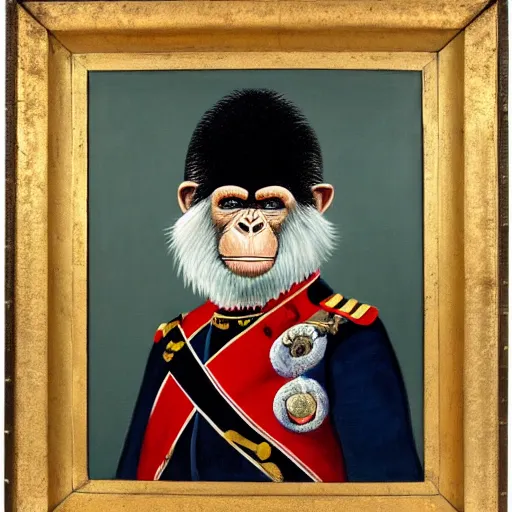 Image similar to An exquisite modern painting of a chimpanzee dressed like a bearded Napoleon with correct military uniform, no frames