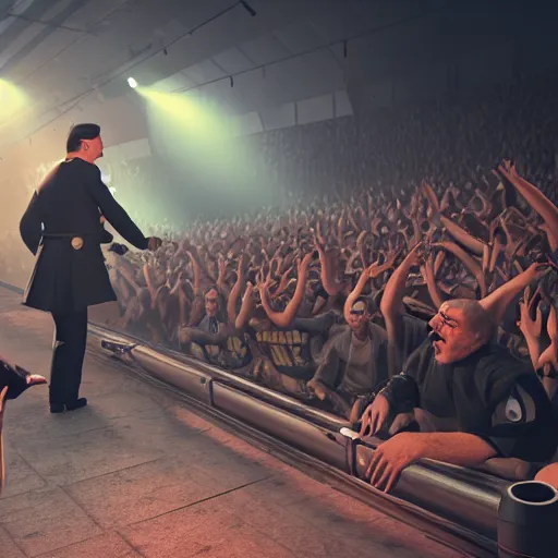 Prompt: adolf hitler and joseph stalin in a mosh pit at a metal concert, volumetric cinematic perfect light, detailed, sony a 7 r, photorealistic, octane render, unreal engine 5, 8 k