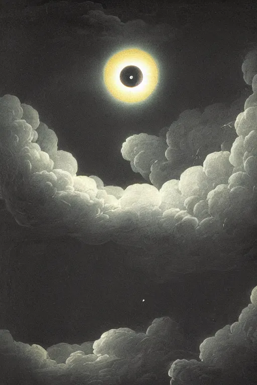 Prompt: a striking beautiful black stormy and cloudy sky with the halo of a black hole shining through, eclipse by michele marieschi, italian 1 7 1 0 - 1 7 4 3