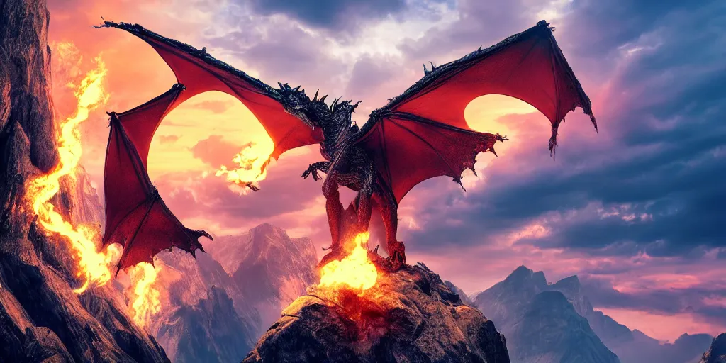 Prompt: A single dragon with half open wings breathing fire on the top of a mountain, epic composition, detailed and intricate image, cinematic, 4K