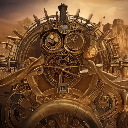 Prompt: Photo of epic steampunk clockwork city, designed by Antoni Gaudi, desert scenery, intricate details, artstation, cgsociety, 8k