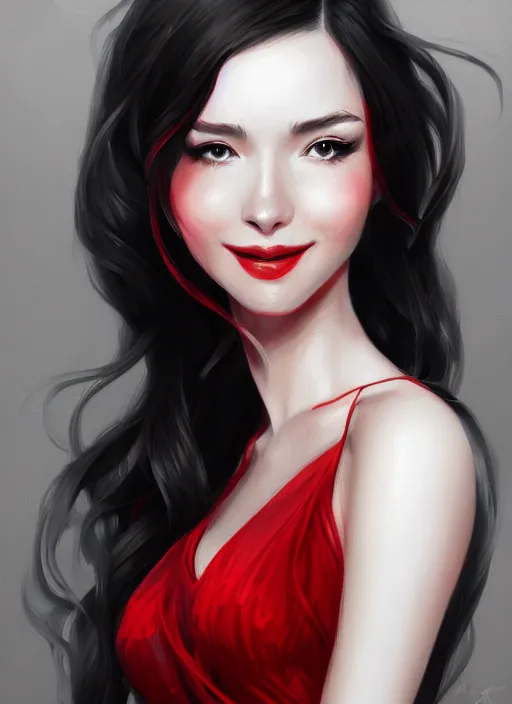 Prompt: a highly detailed illustration beautiful long black haired woman wearing red dress, elegant smiling pose, perfect face, perfect body, intricate, elegant, highly detailed, centered, digital painting, artstation, concept art, smooth, sharp focus, league of legends concept art, wlop