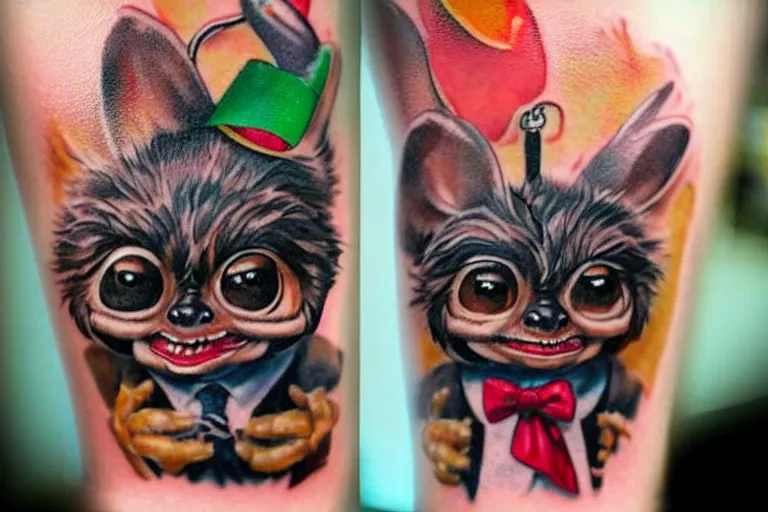 Prompt: a cute hyper realistic tattoo of gizmo from the movie gremlins wearing a wedding suit and looking happy in the style of sailor jerry. new school tattoo, tattoo, dslr