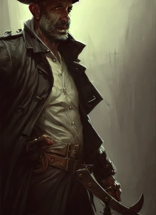 Prompt: portrait of a rugged man wearing a trenchcoat, sailors cap, holding a sword, victorian, concept art, detailed face, fantasy, highly detailed, cinematic lighting, digital art painting by greg rutkowski