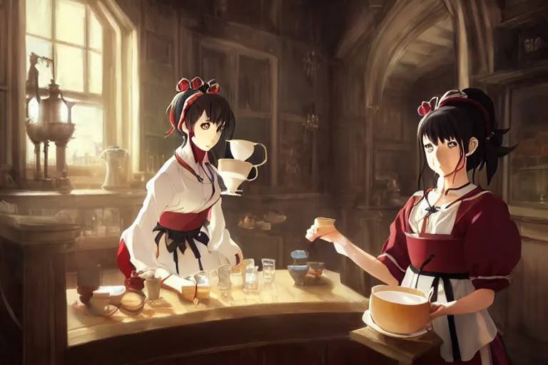 Image similar to anime key visual concept art of anime maid pouring tea gracefully, medieval european style noble manor interior, trending on artstation, brush strokes, oil on canvas, style of kawacy and makoto shinkai and greg rutkowski and studio ghibli