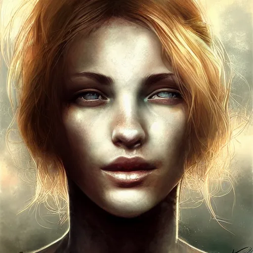 Image similar to portrait of woman with strawberry blond hair by bastien lecouffe - deharme and charles bowater, bangs, ponytail, black tank top