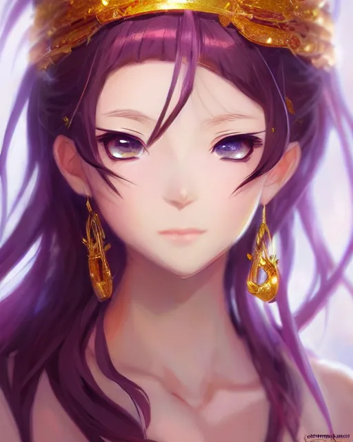 Image similar to character concept art of an anime goddess of gold and precious gems | | cute - fine - face, gossamer clothing, pretty face, realistic shaded perfect face, fine details by stanley artgerm lau, wlop, rossdraws, james jean, andrei riabovitchev, marc simonetti, and sakimichan, tranding on artstation