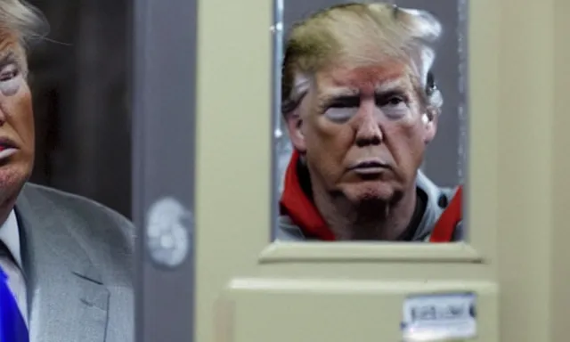 Image similar to full shot of donald trump in a dirty jail cell, body like ronnie coleman, in guantanamo, by ken loach