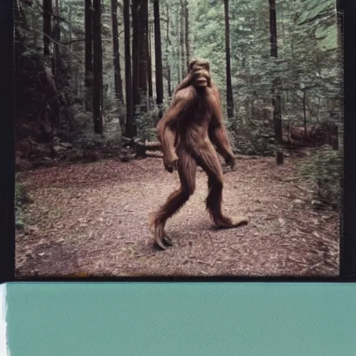 Image similar to a polaroid photo capturing bigfoot in the forest