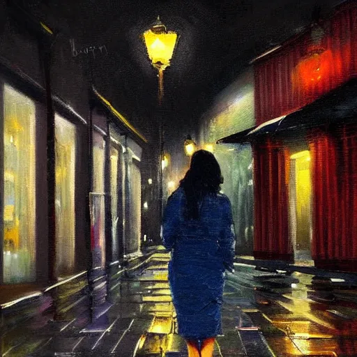 Image similar to wide angle painting of a beautiful woman in a drizzly night city street scene. beautiful use of light and shadow to create a sense of depth and movement. uses a limited color palette, providing a distinctive look.