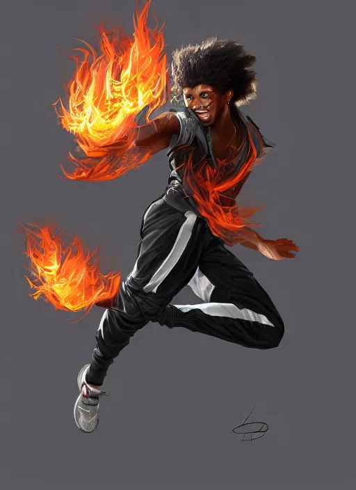 Prompt: a highly detailed illustration of young black guy with tall hair wearing tracksuit with flaming feet, heroic kicking pose, intricate, elegant, highly detailed, centered, digital painting, artstation, concept art, smooth, sharp focus, league of legends concept art, wlop