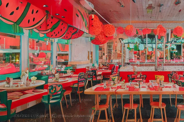 Image similar to 1 9 8 5 watermelon themed diner, very busy with full tables, fruitcore, watermeloncore, one point perspective, americana, restaurant interior photography, 5 5 mm