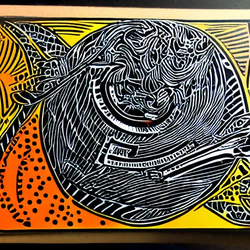 Image similar to psychodelic linocut of an Akai MPC 60